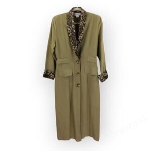 medium 80s Vintage Dolce USA Trenchcoat Dress Rayon Olive Leopard